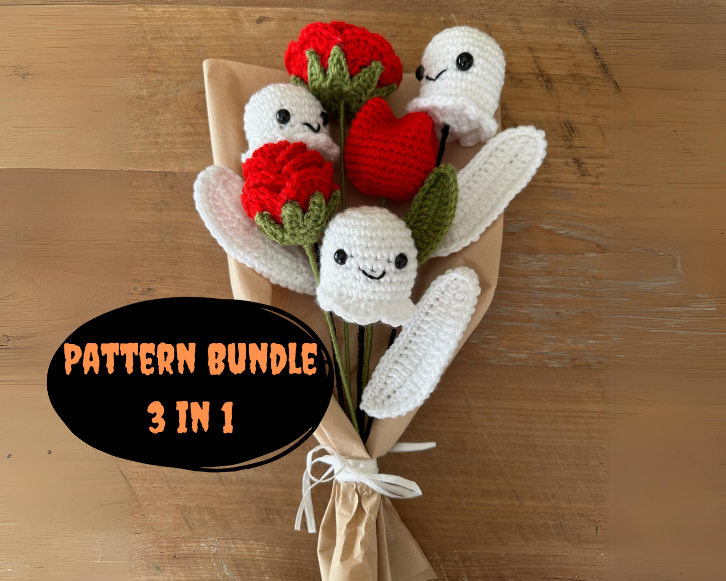 Halloween Bouquet Pattern Bundle: 3 crochet patterns - Includes Puffy Tulip, Rose and Ghost Tulip flower patterns